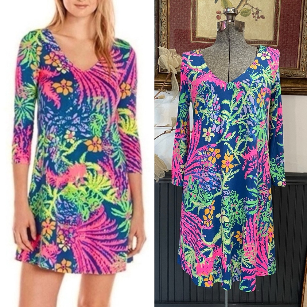 Lilly Pulitzer Erin Indigo All a Glow Floral Print Pima Cotton Dress - Sz S 🧡🎀